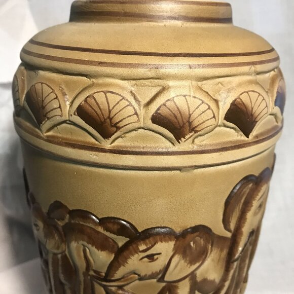 Handcrafted Vase Elephant Motif Ceramic African Shells Brown Beige 10.5" Tall - Picture 6 of 12
